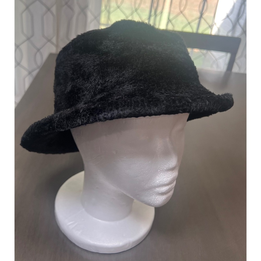 Liz Claiborne Black Faux Fur Bucket Hat Vintage Style Plush Winter Cap L